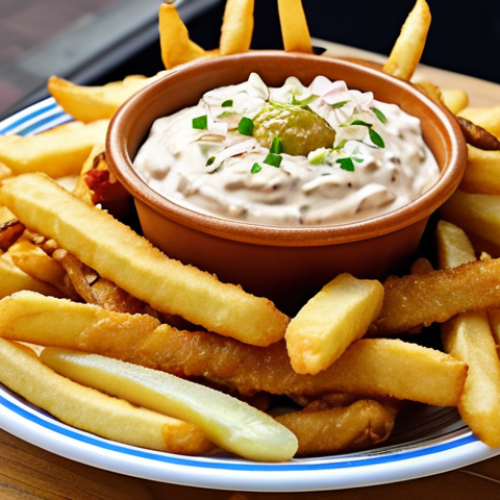 **Prompt:** A vibrant photo of "Patatje Oorlog" from an Amsterdam "frietzaak" (fries shop). Focus on the layers of mayonnaise, peanut sauce, and onions piled high on crispy fries. Include pickled gherkins or silver onions as optional toppings. The image should convey the messy deliciousness of this classic Dutch street food.
