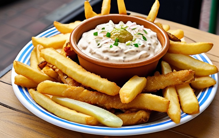 **Prompt:** A vibrant photo of "Patatje Oorlog" from an Amsterdam "frietzaak" (fries shop). Focus on the layers of mayonnaise, peanut sauce, and onions piled high on crispy fries. Include pickled gherkins or silver onions as optional toppings. The image should convey the messy deliciousness of this classic Dutch street food.