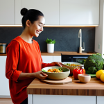 A diverse person, fully clothed in modest, comfortable home attire, sitting at a clean, modern kitchen island, happily enjoying a beautifully plated fusion bowl. The bowl contains colorful ingredients like seasoned jackfruit, fresh vegetables, and a unique sauce, suggesting a convenient yet gourmet meal. The background shows a well-organized, contemporary kitchen with some interesting, pre-packaged global ingredients visible in a stylish refrigerator. The lighting is warm and inviting, emphasizing a relaxed and satisfying meal experience. perfect anatomy, correct proportions, natural pose, well-formed hands, proper finger count, natural body proportions, safe for work, appropriate content, fully clothed, modest, professional photography, high quality.