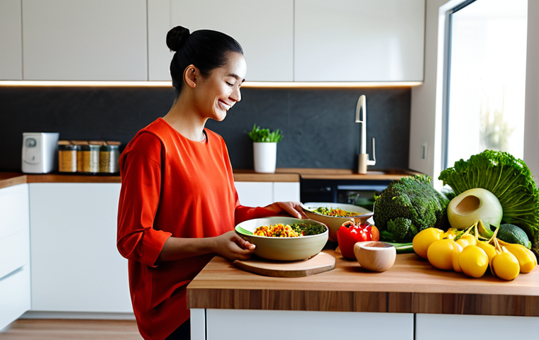 A diverse person, fully clothed in modest, comfortable home attire, sitting at a clean, modern kitchen island, happily enjoying a beautifully plated fusion bowl. The bowl contains colorful ingredients like seasoned jackfruit, fresh vegetables, and a unique sauce, suggesting a convenient yet gourmet meal. The background shows a well-organized, contemporary kitchen with some interesting, pre-packaged global ingredients visible in a stylish refrigerator. The lighting is warm and inviting, emphasizing a relaxed and satisfying meal experience. perfect anatomy, correct proportions, natural pose, well-formed hands, proper finger count, natural body proportions, safe for work, appropriate content, fully clothed, modest, professional photography, high quality.