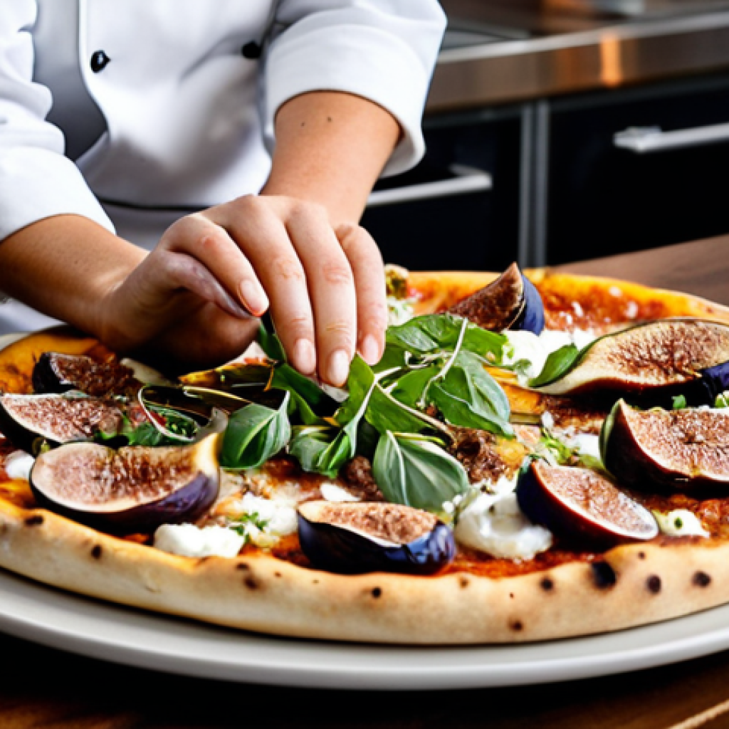 A professional food photography shot focusing on a gourmet fusion pizza. The pizza is topped with premium ingredients like thinly sliced Wagyu beef, delicate truffle shavings, fresh burrata, and vibrant figs. A chef's hands, fully clothed in modest, professional kitchen attire, are subtly visible in the foreground, carefully placing a final garnish. The perfectly baked crust is golden brown, with beautifully melted cheese and a sprinkle of fresh herbs. The setting is a clean, modern restaurant kitchen with warm, inviting lighting, emphasizing culinary artistry. This image is safe for work, appropriate content, fully clothed, professional dress, family-friendly, with perfect anatomy for the hands, correct proportions, and high quality.
