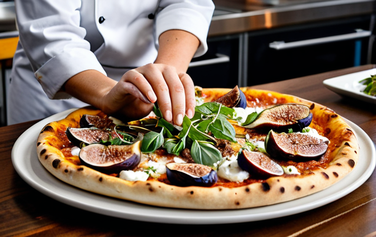 A professional food photography shot focusing on a gourmet fusion pizza. The pizza is topped with premium ingredients like thinly sliced Wagyu beef, delicate truffle shavings, fresh burrata, and vibrant figs. A chef's hands, fully clothed in modest, professional kitchen attire, are subtly visible in the foreground, carefully placing a final garnish. The perfectly baked crust is golden brown, with beautifully melted cheese and a sprinkle of fresh herbs. The setting is a clean, modern restaurant kitchen with warm, inviting lighting, emphasizing culinary artistry. This image is safe for work, appropriate content, fully clothed, professional dress, family-friendly, with perfect anatomy for the hands, correct proportions, and high quality.