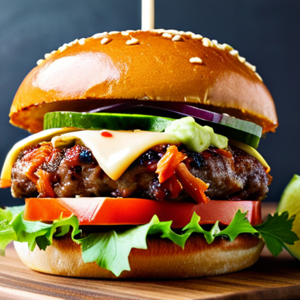 Fusion Burger Close-Up**

A close-up shot of a gourmet fusion burger, stacked high with colorful ingredients. The burger features a juicy patty, kimchi, pulled pork, and wasabi mayo. The bun is soft and slightly sweet. Focus on the textures and vibrant colors of the ingredients. Safe for work, appropriate content, fully clothed burger (no exposed food), professional food photography, high quality, perfect composition, family-friendly.

**
