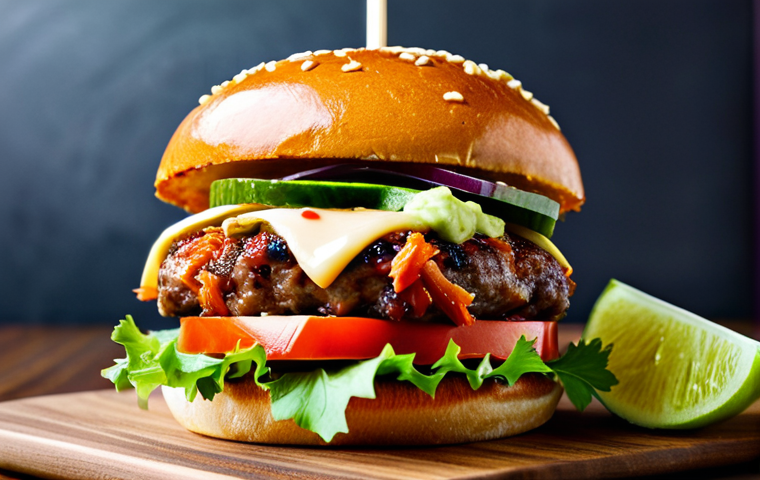 Fusion Burger Close-Up**
A close-up shot of a gourmet fusion burger, stacked high with colorful ingredients. The burger features a juicy patty, kimchi, pulled pork, and wasabi mayo. The bun is soft and slightly sweet. Focus on the textures and vibrant colors of the ingredients. Safe for work, appropriate content, fully clothed burger (no exposed food), professional food photography, high quality, perfect composition, family-friendly.
**