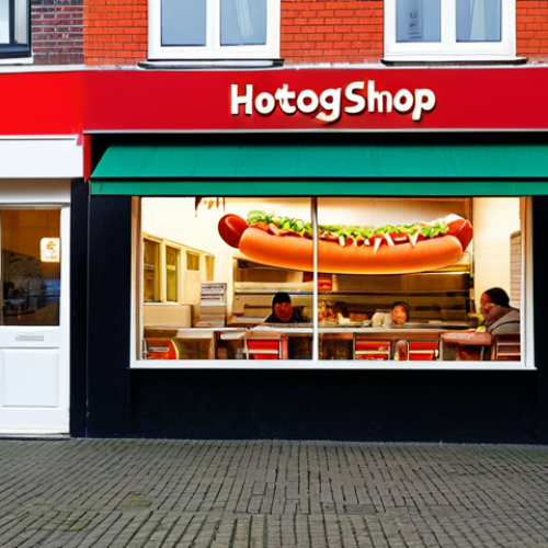 Cosy Hotdog Location**

"A small, inviting hotdog shop in a bustling Dutch suburb. The shop has a warm and friendly atmosphere, with large windows showcasing colourful fusion hotdogs. People are happily eating at outdoor tables.  The signage is clean and modern. Focus on the charm and inviting atmosphere. Safe for work, appropriate content, fully clothed patrons, modest setting, family-friendly, professional photography, perfect anatomy, correct proportions, natural pose."

**