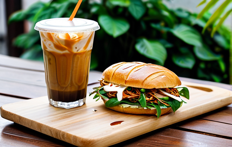 Bánh Mì and Iced Vietnamese Coffee**
"A vibrant Bánh Mì sandwich on a wooden cutting board, next to a glass of Iced Vietnamese Coffee with visible condensed milk swirling. The background features a cozy Vietnamese café setting with lanterns and greenery. The scene is well-lit and inviting. fully clothed, safe for work, appropriate content, professional, natural proportions, perfect anatomy, well-formed hands."
**
