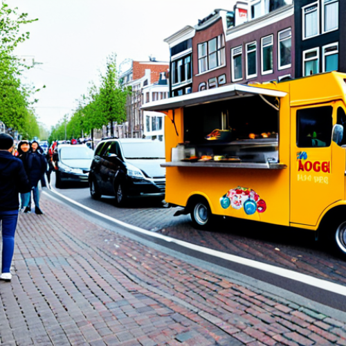 **Dutch Food Truck Fusion:** "A brightly colored food truck in a busy Amsterdam street, selling Korean Tacos, 'Kogi BBQ' sign visible, canals in background, people enjoying the food, fully clothed, appropriate attire, safe for work, perfect anatomy, natural proportions, professional food photography, high quality."