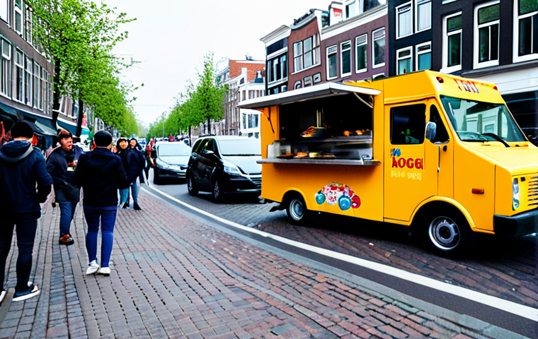 **Dutch Food Truck Fusion:** "A brightly colored food truck in a busy Amsterdam street, selling Korean Tacos, 'Kogi BBQ' sign visible, canals in background, people enjoying the food, fully clothed, appropriate attire, safe for work, perfect anatomy, natural proportions, professional food photography, high quality."